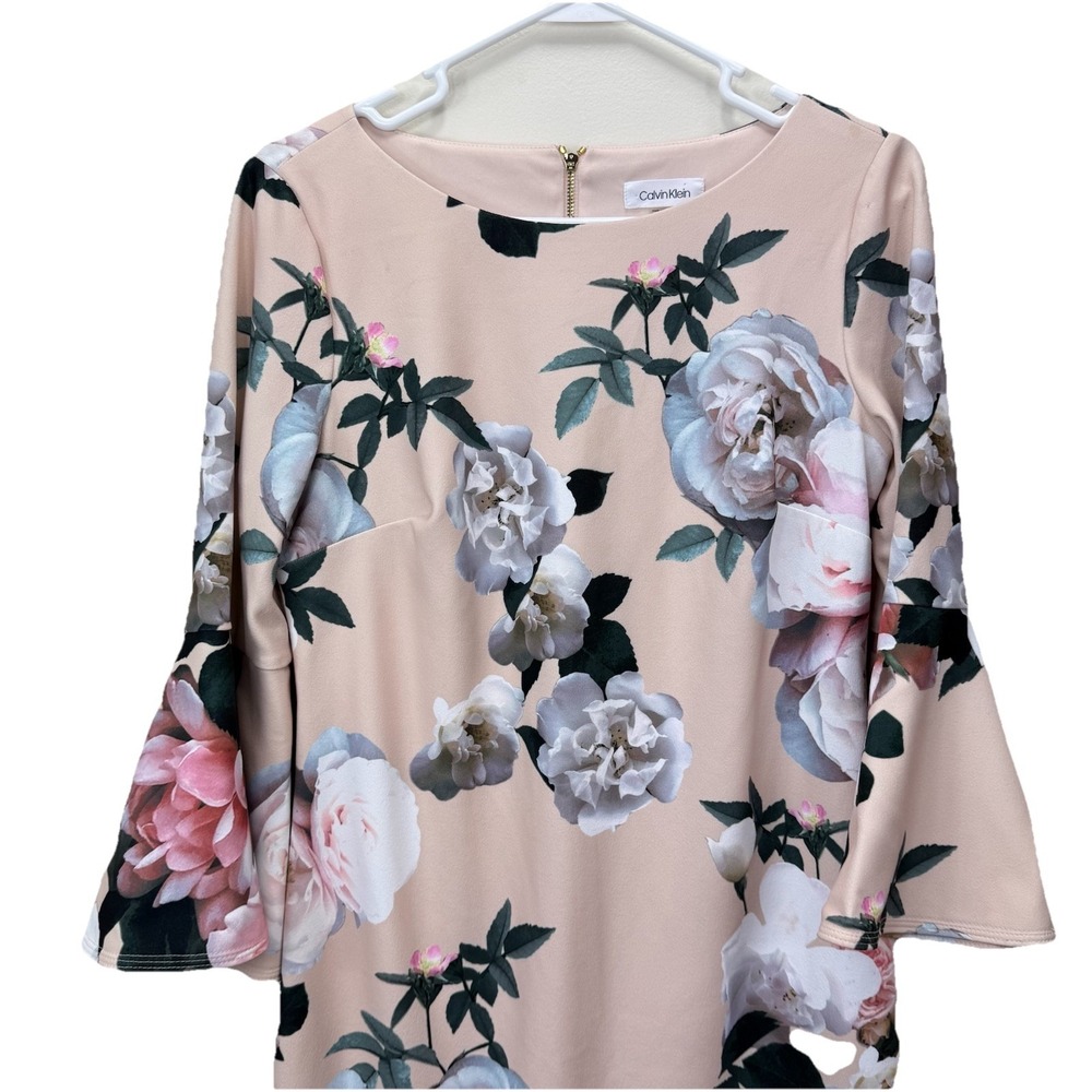 Calvin Klein Pink Floral Bell Sleeve Stretch Crepe Sheath Dress Size 6‎ - Picture 7 of 15